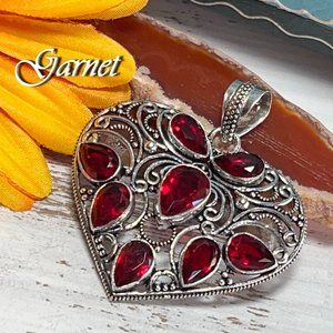 Garnet Heart Pendant Gemstone Handmade Statement 925 Silver Boho Valentine New!